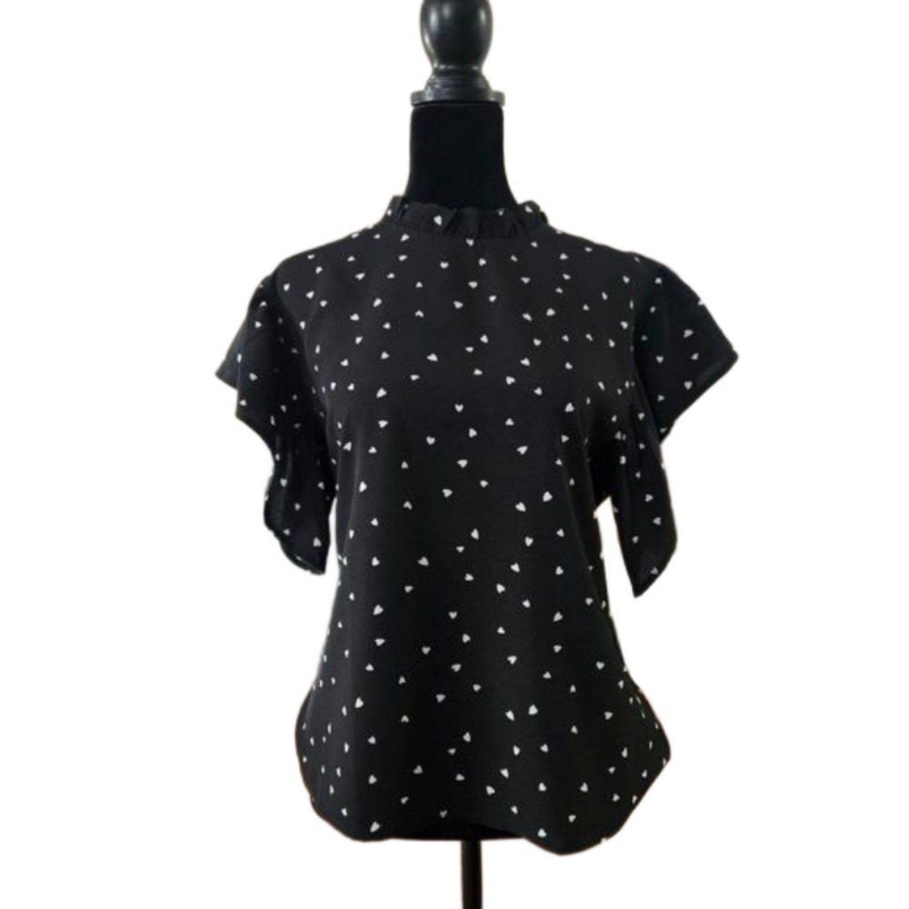 Women's Black and White Blouse Flutter Sleeve Heart Print Size Medium